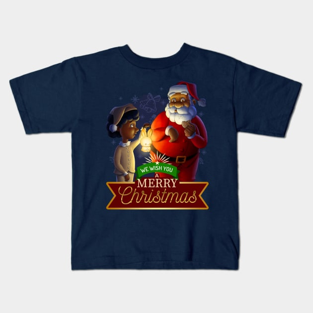 Afro Santa Surprised Red-handed Eating Cookies on Christmas Eve Holidays Kids T-Shirt by Canache Shop